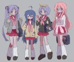  4girls :o absurdres ahoge arms_behind_back bag bag_charm blue_eyes blue_hair blush bow bow_hairband brown_shoes cardigan cat_ornament cellphone charm_(object) chromatic_aberration closed_mouth clothes_around_waist commentary double-parted_bangs film_grain flip_phone glasses grey_background grey_cardigan hair_between_eyes hair_ribbon hairband highres hiiragi_kagami hiiragi_tsukasa holding_strap izumi_konata keroro kiltie_loafers leg_warmers long_hair looking_at_phone looking_at_viewer lucky_star miniskirt mole mole_under_eye multiple_girls open_mouth parted_bangs phone pink_hair pink_sailor_collar purple_eyes purple_hair ri_(qrcode) ribbon round_eyewear ryouou_school_uniform sailor_collar school_bag school_uniform serafuku shirt shoes short_hair siblings simple_background sisters skirt smile sweater sweater_around_waist takara_miyuki twintails v very_long_hair white_shirt yellow_bow yellow_cardigan yellow_hairband 