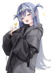  1girl black_hoodie black_nails black_shirt blue_eyes blue_hair bone_hair_ornament candy chain chain_earrings chain_necklace commentary dress_shirt earrings fang food from_side green_eyes hair_ornament hairclip hands_up highres holding holding_candy holding_food holding_lollipop hood hood_down hoodie jewelry lollipop long_hair long_sleeves looking_at_viewer multicolored_eyes multiple_earrings nakony necklace open_mouth pink_eyes print_shirt ring shirt sidelocks simple_background skin_fang sleeves_past_wrists smile solo torn_clothes two_side_up upper_body v very_long_hair virtual_youtuber vspo! white_background yano_kuromu 