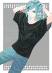  aqua_eyes aqua_hair arms_behind_head arms_up black_shirt blue_eyes blue_hair commentary denim eyelashes food food_in_mouth grusha_(pokemon) half-sleeves highres jeans male_focus marushi_(marusiiiil) midriff mouth_hold pants pokemon pokemon_scarlet_and_violet popsicle popsicle_in_mouth popsicle_stick shirt short_sleeves solo 