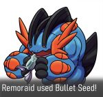  blue_skin colored_sclera colored_skin english_text fins fish gun half-closed_eyes head_fins holding holding_gun holding_pokemon holding_weapon mega_pokemon mega_swampert nostrils open_mouth orange_sclera pokemon pokemon_(creature) remoraid spcrashworks swampert weapon 