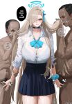  1girl 2boys asuna_(blue_archive) asuna_(school_uniform)_(blue_archive) bar_censor black_choker black_hair blonde_hair blue_archive blue_bow blue_bowtie blue_bra blue_eyes blue_skirt blush bow bowtie bra bra_visible_through_clothes breasts censored choker clenched_teeth clothed_female_nude_male collared_shirt commentary dark-skinned_male dark_skin disgust english_text hair_over_one_eye halo huge_breasts long_hair looking_at_viewer male_pubic_hair multiple_boys nude one_eye_covered paid_reward_available pleated_skirt pubic_hair school_uniform shirt short_hair simple_background skirt smelling smelling_hair speech_bubble standing teeth testicle_grab three-quarter_sleeves ugly_bastard underwear very_long_hair white_background white_shirt zafuroggu 
