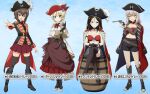  4girls arm_strap armpit_crease bandolier barrel belt bicorne bikini black_boots black_coat black_gloves black_hat black_sash black_shorts black_thighhighs blonde_hair blue_background blue_eyes blush boots bow bowtie bracelet braid breasts brooch brown_eyes brown_hair brown_skirt character_name choker cleavage coat coat_on_shoulders coattails collarbone collared_shirt commentary_request cropped_shirt crossed_legs darjeeling_(girls_und_panzer) detached_sleeves earrings emblem epaulettes expressionless fishnet_pantyhose fishnets frilled_shirt frills full_body girls_und_panzer girls_und_panzer_senshadou_daisakusen! gloves gradient_background grey_hair grey_skirt gun hair_between_eyes handgun hands_on_own_knee hat hat_feather high_heel_boots high_heels highres holding holding_gun holding_weapon itsumi_erika jewelry kuromorimine_(emblem) kuromorimine_military_uniform layered_skirt legs long_sleeves looking_at_viewer medium_hair midriff miniskirt multicolored_coat multiple_girls navel nishizumi_maho nonna_(girls_und_panzer) official_art on_barrel open_mouth outstretched_hand pantyhose pendant_choker pleated_skirt pravda_(emblem) putting_on_gloves red_bikini red_bow red_bowtie red_coat red_hat red_shirt red_skirt revolver ribbon sash shirt short_hair shorts sitting skirt smile standing strapless strapless_shirt striped_ribbon swimsuit tailcoat thigh_boots thighhighs thighs translated waist_bag weapon white_coat white_shirt wide_sleeves 