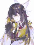  1girl black_hair blunt_bangs bow bowtie closed_eyes closed_mouth coat colored_inner_hair columbina_(genshin_impact) eye_mask eyelashes facing_viewer fatui_coat feathered_wings fur-trimmed_coat fur_trim genshin_impact gradient_hair hair_ornament hair_tubes head_wings highres kachijj1718 large_bow long_hair long_sleeves mask multicolored_hair multiple_wings pale_skin purple_hair sidelocks simple_background smile solo two-tone_hair upper_body very_long_hair white_background white_bow white_bowtie white_coat white_mask wings x_hair_ornament 