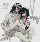  1boy 1girl aizawa_shota alternate_costume asui_tsuyu bags_under_eyes bandaged_arm bandaged_head bandages bebe black_eyes black_hair blood blood_on_face bloodshot_eyes boku_no_hero_academia commentary_request dress facial_hair frog_girl green_hair grey_jacket grey_pants hair_between_eyes halloween hand_on_another's_thigh hat high_heels highres holding holding_syringe jacket long_hair long_tongue nurse nurse_cap open_mouth outstretched_arm pants prehensile_tongue restrained shoes simple_background sitting sitting_on_lap sitting_on_person solid_circle_pupils syringe teacher_and_student tongue tongue_out white_dress white_shoes 