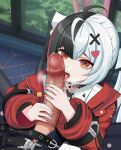  1boy 1girl absurdres aqua_nails black_choker black_hair choker closed_mouth collared_shirt commentary_request fellatio hair_ornament heart heart_hair_ornament hetero highres ifiagirl jacket lacrimosa_(nte) licking licking_penis long_hair looking_at_viewer male_esper_zero_(nte) multicolored_hair multicolored_nails nail_polish neverness_to_everness oral penis pink_nails red_jacket red_streaks shirt split-color_hair streaked_hair twintails two-tone_hair white_hair white_shirt x_hair_ornament 