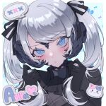  1girl asahima36 black_horns blue_eyes blush bow commentary_request final_fantasy final_fantasy_xiv gloves hair_ornament heart heart_in_eye highres holding_own_hair horns long_sleeves looking_at_viewer portrait solo straight-on symbol_in_eye twintails white_hair 