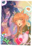  2girls absurdres animal_ears bandaid bandaid_on_face bandaid_on_nose belt black_hair border chest_sarashi clenched_hand green_jacket hands_up heart height_difference highres holding_another's_arm horse_ears jacket jewelry kkoricat mayano_top_gun_(scramble_zone)_(umamusume) mayano_top_gun_(umamusume) midriff multiple_girls narita_brian_(maverick)_(umamusume) narita_brian_(umamusume) navel necklace open_clothes open_jacket orange_eyes ponytail rope sarashi shimenawa sideways_glance skirt smile spoken_animal spoken_emoji teeth two_side_up umamusume upper_teeth_only v white_border yellow_eyes 