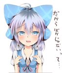  ahoge blue_eyes blue_hair blush cirno highres kagamiya_(kyouya) simple_background solo tears touhou translated white_background 