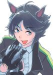  1girl ahoge animal_ears black_gloves black_hair black_jacket black_necktie blue_eyes breasts center_frills center_opening collared_shirt commentary_request frilled_shirt frills fuji_kiseki_(shooting_star_revue)_(umamusume) fuji_kiseki_(umamusume) gloves highres holding holding_microphone_stand horse_ears horse_girl jacket long_sleeves looking_at_viewer microphone_stand multicolored_hair necktie open_mouth shirt short_hair simple_background smile solo umamusume upper_body vent_arbre white_shirt 