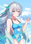  1girl absurdres bare_shoulders blue_hair blue_one-piece_swimsuit blue_sky breasts bronya_zaychik bronya_zaychik_(herrscher_of_truth) bronya_zaychik_(summer_2023) chocola_s commentary english_commentary gradient_hair highres honkai_(series) honkai_impact_3rd jewelry long_hair looking_at_viewer multicolored_hair necklace official_alternate_costume one-piece_swimsuit pearl_necklace sky small_breasts solo swimsuit two-tone_hair very_long_hair 
