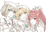  3girls animal_ear_fluff animal_ears bob_cut cat_ears cat_girl chest_jewel commentary_request glimmer_(xenoblade) half-siblings highres long_hair looking_at_viewer mio_(xenoblade) multiple_girls open_mouth ponytail red_hair shimmer_(xenoblade) short_hair siblings simple_background sisters smile white_background xenoblade_chronicles_(series) xenoblade_chronicles_3 xenoblade_chronicles_3:_future_redeemed yanagimachi yellow_eyes 