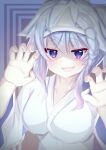  1girl 9-nine- :3 :d absurdres alternate_costume braid breasts claw_pose commentary_request ebimiso_neta eyes_visible_through_hair ghost_costume grey_background grey_hair hair_between_eyes hands_up highres japanese_clothes kimono large_breasts long_hair long_sleeves looking_at_viewer niimi_sora open_mouth partial_commentary purple_eyes shiroshouzoku sidelocks simple_background single_braid smile smug solo triangular_headpiece underlighting upper_body white_kimono wide_sleeves 