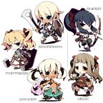  4girls armor black_hair blonde_hair blue_eyes bow_(weapon) brown_eyes brown_hair chibi crab_man dancer_(sekaiju) executioner's_sword fortress_(sekaiju) long_hair medic_(sekaiju_4) multiple_girls navel panties ponytail sekaiju_no_meikyuu sekaiju_no_meikyuu_4 shield short_hair smile sniper_(sekaiju) sword swordsman_(sekaiju_4) twintails underwear weapon 