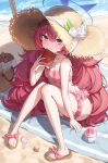  1girl absurdres beach beach_towel blue_archive blue_halo chinstrap clothing_cutout commentary_request flower fluffy_hair food frilled_one-piece_swimsuit frilled_thigh_strap frills full_body grey_eyes halo hat hat_flower highres holding holding_notebook iroha_(blue_archive) iroha_(swimsuit)_(blue_archive) knees_together_feet_apart long_hair looking_at_viewer multicolored_halo notebook one-piece_swimsuit pink_one-piece_swimsuit purple_halo red_hair shaved_ice side_cutout sitting smile solo straw_hat sun_hat swimsuit thigh_strap towel uou_(tlswnsgh08) 