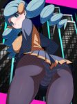  ace_trainer_(pokemon) ass bad_id bad_pixiv_id blue_eyes blue_hair blue_legwear blush breasts covered_nipples drill_hair large_breasts looking_back matanonki panties panties_under_pantyhose pantyhose pokemon pokemon_(game) pokemon_bw pokemon_bw2 skirt solo striped striped_panties twin_drills twintails underwear upskirt 