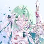  1girl aqua_eyes aqua_hair arcaea blood blood_on_clothes blood_on_face blood_on_gloves breasts cleavage commentary_request curtained_hair dress elbow_gloves flower flower_over_eye gloves hair_flower hair_ornament highres holding holding_sword holding_weapon large_breasts one_eye_covered portrait pursed_lips saya_(absolution)_(arcaea) saya_(arcaea) shaxiao short_hair solo straight-on sword weapon white_background white_dress white_flower white_gloves 