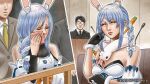  2boys 2girls animal_ears black_gloves black_suit blue_hair bow braid breasts carrot_hair_ornament closed_eyes commentary_request copyright_notice couch courtroom crying detached_sleeves don-chan_(usada_pekora) dress east_asian enomoto_yoshitaka faceless faceless_male food-themed_hair_ornament fur-trimmed_gloves fur_trim glasses gloves hair_bow hair_ornament hair_over_shoulder handkerchief holding holding_handkerchief hololive medium_breasts microphone multiple_boys multiple_girls neckerchief opaque_glasses pekomama puffy_short_sleeves puffy_sleeves rabbit_ears railing short_eyebrows short_sleeves single_braid split_screen strapless strapless_dress suit tears twin_braids usada_pekora v-shaped_eyebrows virtual_youtuber yellow_neckerchief 