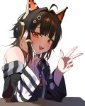  1girl :d absurdres ahoge animal_ear_headphones animal_ears arm_belt asymmetrical_sleeves bare_shoulders belt_collar black_choker black_hair black_sweater cat_ear_headphones cat_ears choker collar commentary_request eyeball_hair_ornament fake_animal_ears headphones highres long_sleeves looking_at_viewer mahou_shoujo_no_majo_saiban multicolored_hair nail_polish off-shoulder_sweater off_shoulder open_mouth orange_eyes orange_nails orange_streaks sawatari_coco sharp_teeth shirt short_hair simple_background single_bare_shoulder sleeveless sleeveless_shirt smile solo streaked_hair striped_sleeves sweater table teeth toraneko21_7 upper_body upper_teeth_only w whip white_shirt 