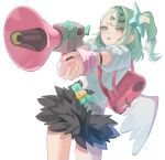  1girl arm_warmers asymmetrical_bangs bag commentary_request cowboy_shot foreshortening fur-trimmed_skirt fur_trim green_eyes green_hair hair_ornament hairclip highres holding holding_megaphone looking_at_viewer megaphone necktie open_mouth paladin_lover28 pink_bag pink_nails red_necktie shirt simple_background skirt solo striped_arm_warmers sunna_(zenless_zone_zero) white_background white_shirt white_wings winged_bag wings zenless_zone_zero 