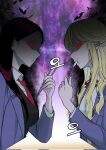  2girls bat_(animal) black_hair blonde_hair blood_time chewing chopsticks commentary_request da-yang_baek ha-yang_baek highres holding holding_chopsticks holding_spoon korean_commentary long_hair multiple_girls murrang_f necktie official_art pale_skin purple_background red_eyes red_necktie siblings sisters spoon straight_hair 