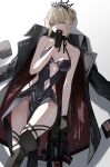  1girl absurdres aliez artoria_pendragon_(fate) bare_shoulders black_gloves black_tiara blonde_hair braid braided_base breasts bun_with_braided_base choker cleavage clothing_cutout commentary dress fate/grand_order fate_(series) gloves gun hair_bun highres jacket jacket_on_shoulders looking_at_viewer navel navel_cutout rifle saber_alter saber_alter_(swimsuit_rider)_(third_ascension) secace_morgan single_hair_bun small_breasts sniper_rifle solo tiara weapon yellow_eyes 