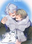  2boys alternate_costume antenna_hair arm_around_another's_waist artist_name black_jacket black_shirt blue_jacket blue_sky blush bow caelus_(honkai:_star_rail) closed_eyes cloud cloudy_sky commentary_request couple crossed_bangs day fingernails grey_hair hair_between_eyes hand_up happy highres honkai:_star_rail honkai_(series) jacket large_bow leaf long_sleeves male_focus multiple_boys nabi3838 official_alternate_costume open_clothes open_jacket open_mouth outdoors phainon_(express_travel)_(honkai:_star_rail) phainon_(honkai:_star_rail) puffy_long_sleeves puffy_sleeves scarf shirt short_hair sky smile snowman teeth tongue trailblazer_(honkai:_star_rail) turtleneck turtleneck_shirt watermark white_bow white_hair white_scarf yaoi 