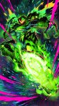 1girl absurdres arm_spikes armor artist_name assault_visor aura claws commentary flying_kick glowing_feet highres kicking metroid metroid_ravenous metroid_suit power_armor power_suit_(metroid) red_assault_visor samus_aran shoulder_spikes solo spikes twitter_username yasukuni_kazumasa 