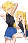  1girl absurdres ahoge armpits bare_shoulders black_shirt blonde_hair bocchi_the_rock! breasts collarbone commentary denim denim_shorts eltir highres ijichi_nijika long_hair looking_at_viewer multiple_views shirt shorts side_ponytail sitting skin_tight small_breasts solo standing sweat turtleneck turtleneck_shirt untranslatable_commentary 
