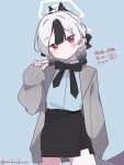 1girl black_bow black_bowtie black_hair black_horns black_skirt blue_archive blue_background blue_shirt bow bowtie braid cardigan closed_mouth cowboy_shot demon_horns ear_piercing grey_cardigan grey_hair hair_between_eyes halo head_tilt highres horns kayoko_(blue_archive) long_sleeves looking_at_viewer piercing purple_wings red_eyes shirt simple_background single_wing skirt sleeves_past_wrists solo standing translation_request twin_braids twitter_username um_kurushuunai wings 
