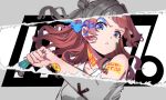  1girl blue_eyes collarbone commentary english_text gakuen_idolmaster hair_bun hanami_saki highres holding_sticker idolmaster looking_at_viewer medium_hair nakato_(dnxm5273) partially_colored red_hair shirt solo sticker sticker_on_arm sticker_on_face sticker_on_neck swept_bangs white_shirt wildest_flower_(idolmaster) 