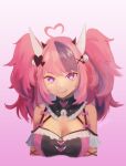  1girl ahoge aragiken bell breasts cleavage demon_girl demon_horns hair_bell hair_ornament heart heart_ahoge highres horns ironmouse looking_at_viewer multicolored_hair pink_hair purple_eyes purple_hair smile solo streaked_hair twintails virtual_youtuber vshojo white_horns 