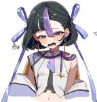  1girl armpit_crease arms_at_sides asymmetrical_bangs black_hair blue_ribbon blush bob_cut breasts chibi chibi_inset commentary_request crop_top cropped_torso earrings fang goddess_of_victory:_nikke hair_between_eyes hair_ribbon half-closed_eyes jacket jewelry korean_commentary looking_at_viewer mole mole_under_eye multicolored_hair navel necktie nervous nervous_sweating off_shoulder open_mouth purple_eyes purple_necktie purple_streaks raised_inner_eyebrows ribbon sexyping shirt short_hair short_necktie simple_background sleeveless sleeveless_shirt small_breasts solo_focus stomach streaked_hair sweat syuen_(nikke) teeth tie_clip upper_body white_background white_jacket white_shirt 