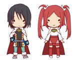  1boy 1girl belt black_hair cape long_hair lowres lukius_bridges red_hair rommy short_hair tales_of_(series) tales_of_the_tempest twintails 
