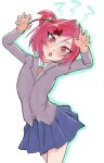  1girl :o aegyo_sal blazer blue_skirt blush bob_cut breasts brown_sweater_vest claw_pose colored_shadow commentary cowboy_shot curled_fingers doki_doki_literature_club doki_doki_literature_club_school_uniform dress_shirt drop_shadow english_commentary exspiravitbag eyelashes fang grey_jacket hair_between_eyes hair_intakes hair_ornament hair_ribbon hands_up head_tilt jacket leaning_to_the_side long_sleeves looking_at_viewer natsuki_(doki_doki_literature_club) no_neckwear notice_lines open_mouth pink_eyes pink_hair pleated_skirt red_ribbon ribbon school_uniform shadow shirt shirttail short_hair skin_fang skirt slit_pupils small_breasts solo standing sweater_vest swept_bangs twisted_torso two_side_up white_background white_shirt wide-eyed x_hair_ornament 