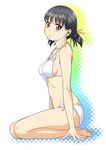  barefoot bikini black_hair blush breasts brown_eyes covered_nipples halftone halftone_background kouda_tomohiro looking_at_viewer medium_breasts navel original seiza short_hair sideboob sitting smile solo swimsuit twintails white_bikini 