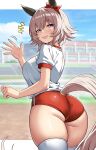  1girl absurdres animal_ears ass black_hairband blue_sky blush bow breasts buruma commentary curren_chan_(umamusume) ear_bow ear_covers english_commentary from_behind grey_hair gym_shirt hairband highres horse_ears horse_girl horse_tail large_breasts looking_at_viewer motion_lines open_mouth outdoors purple_eyes red_buruma scrapy shirt short_hair short_sleeves sky smile solo tail teeth thick_thighs thighhighs thighs tracen_training_uniform umamusume upper_teeth_only waving white_shirt white_thighhighs 