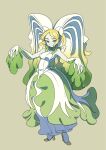  1girl aqua_eyes blush breasts cabbage claws closed_mouth colored_skin commentary dress fang freckles full_body green_hair green_leaf green_shoes green_skin green_skirt grey_background high_heels highres jikon_(jikooonf) long_hair looking_at_viewer medium_hair monster_girl multicolored_hair original personification plant_girl quad_tails shoes sideboob simple_background skin_fang skirt sleeveless sleeveless_dress smile solo standing untranslatable_commentary very_long_hair white_dress white_hair 