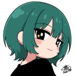  1girl aqua_hair closed_mouth commentary_request dated from_behind highres looking_at_viewer looking_back original portrait short_hair signature simple_background solo star_(symbol) star_in_eye stoop_life symbol_in_eye white_background 