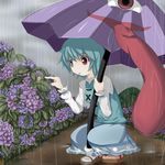  :p blue_eyes blue_hair cloud cloudy_sky flower full_body geta heterochromia highres hydrangea karakasa_obake kikurage_(sugi222) leaf long_sleeves mountain purple_umbrella rain red_eyes short_hair skirt sky snail solo squatting tatara_kogasa tongue tongue_out touhou umbrella vest 