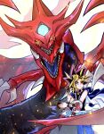  1boy black_hair blonde_hair blue_teeth card chain chain_necklace claws colored_bangs colored_teeth commentary_request domino_high_school_uniform dragon duel_disk duel_monster extra_mouth highres holding holding_card jacket jacket_on_shoulders jewelry male_focus millennium_puzzle minuno necklace osiris_the_sky_dragon pink_hair school_uniform shirt sparks spiked_hair tusks white_background yami_yugi yu-gi-oh! 
