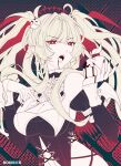  1girl absurdres apple artist_name black_tank_top blood blood_in_mouth breasts claret_flint cleavage commentary food fruit highres holding holding_food holding_fruit large_breasts long_hair looking_at_viewer multicolored_hair pointy_ears pristinemori red_eyes red_streaks solo streaked_hair tank_top twintails vampire very_long_hair white_hair zenless_zone_zero 