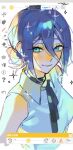  1girl art_program_in_frame art_program_request black_choker black_ribbon blue_eyes blush chainsaw_man choker collared_shirt commentary_request cropped_torso fukukoma hair_between_eyes hair_bun highres looking_at_viewer looking_to_the_side low-tied_medium_hair medium_hair neck_ribbon purple_hair reze_(chainsaw_man) ribbon shirt sidelocks simple_background single_hair_bun sleeveless sleeveless_shirt smile solo sparkle white_background white_shirt 
