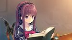  :/ book game_cg hair_ornament juliet_sleeves long_hair long_sleeves puffy_sleeves purple_eyes quill red_hair ribbon school_uniform shishigatani_ushio sitting solo tokeijikake_no_ley_line urabi_(tomatohouse) 