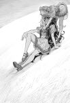  2girls absurdres animal_ears arm_on_knee bandaid bandaid_on_face bandaid_on_nose bent_over bow full_body greyscale highres horse_ears horse_girl horse_tail kkoricat long_hair looking_at_another mayano_top_gun_(umamusume) monochrome multiple_girls narita_brian_(umamusume) pleated_skirt puffy_short_sleeves puffy_sleeves rope school_uniform shimenawa shirt_tucked_in shoes short_sleeves sitting skirt standing tail thighhighs tracen_school_uniform two_side_up umamusume yuri 