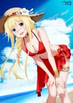 absurdres alice_zuberg amandapeach beach bikini blonde_hair blue_eyes breasts clip_studio_paint_(medium) commentary english_commentary flower hair_ribbon hat highres large_breasts long_hair looking_at_viewer navel ocean open_mouth ponytail red_bikini ribbon swimsuit sword_art_online sword_art_online:_alicization white_ribbon 