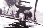  architecture bare_tree dutch_angle east_asian_architecture from_behind gate japanese_clothes miko monochrome oriental_umbrella original scenery snow solo standing stone_lantern tree umbrella winter yuuji_(yukimimi) 