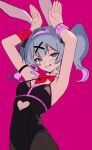  1girl animal_ears arm_ribbon arm_strap armpits arms_up bare_shoulders black_leotard black_pantyhose blue_eyes blue_hair blush bow bowtie breasts center-flap_bangs chest_harness clothing_cutout colored_inner_hair commentary covered_navel cowboy_shot detached_collar double-parted_bangs facial_mark fake_animal_ears fishnets hair_bow hair_intakes hair_ornament hairband harness hatsune_miku heart highleg highleg_leotard highres leotard long_hair looking_at_viewer multicolored_hair open_mouth pantyhose pink_background pink_hair pink_pupils playboy_bunny qez3ld rabbit_ears rabbit_hole_(vocaloid) rabbit_pose red_bow red_bowtie red_ribbon ribbon simple_background small_breasts smile solo symbol-shaped_pupils teardrop_facial_mark twintails vocaloid x_hair_ornament 