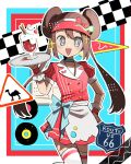  americana apron blush border bow brown_hair commentary diner donut_hair_bun double_bun finish_line flag food hair_bow hair_bun highres holding holding_tray jacket jersey_maid maid open_mouth pokemon pokemon_black_2_and_white_2 rosa_(pokemon) route_66 smoothie tnm_ilu track_jacket tray twintails unconventional_maid untranslatable_commentary vinyl_record visor_cap waist_apron white_apron white_border 