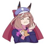  1girl ^_^ animal_ears blue_hat blue_sweater bow brown_hair closed_eyes closed_mouth cropped_torso eating food food_on_face hair_bow hair_ornament hair_over_shoulder hairclip hands_up happy hat highres holding holding_food horse_ears horse_girl jikon_(jikooonf) matikanetannhauser_(umamusume) medium_hair multicolored_hair parallel_hairclips red_bow simple_background smile solo streaked_hair sweater taiyaki umamusume wagashi white_background white_streaks 