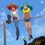  absurdres aqua_hair brazilian_flag brazilian_flag_print brazilian_miku car chain-link_fence cloud commentary_request dark_skin fence firing flag_print flower gumi hair_flower hair_ornament hat hatsune_miku hayurii39 highres kasane_teto long_hair motor_vehicle outdoors pants sandals shirt short_shorts shorts sky sombrero spanish_commentary sunglasses twintails utau vocaloid yellow_shirt 